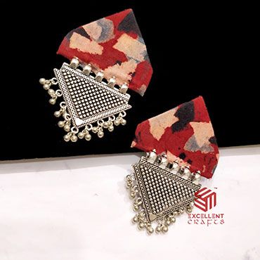 Triangle Shape Red Color Cotton Fabric Earrings