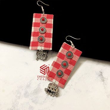 Rectangle Shape Red and White Color Check Pattern Cotton Fabric Earrings