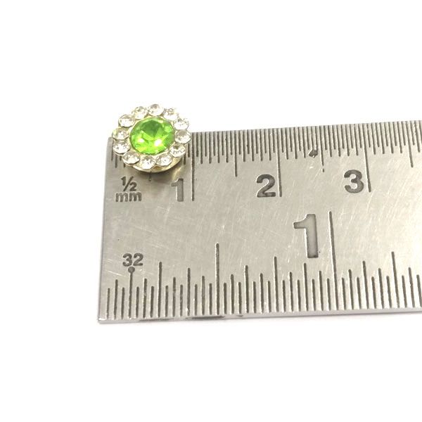 10mm Flower Shape Shiny Finish Round Leaf Green Stone Button with 1 Layer of White Stones 