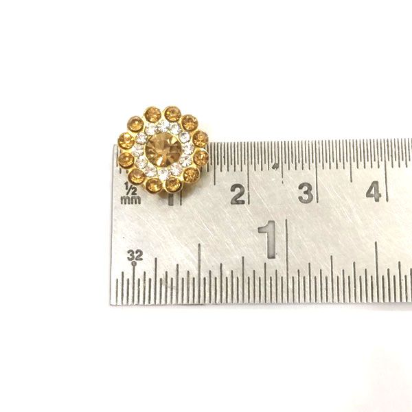 12mm Flower Shape Shiny Finish Round  Gold Stone Button with 2 Layer of Stones (Gold White) 