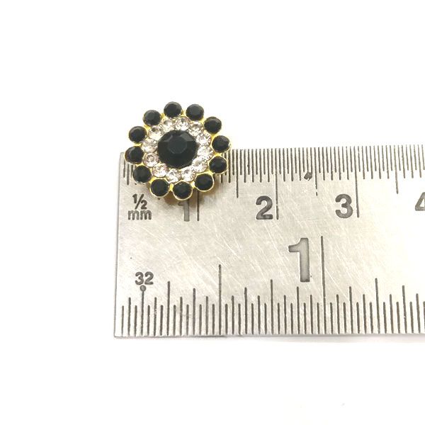 12mm Flower Shape Shiny Finish Round  Black Stone Button with 2 Layer of Stones (Black White) 