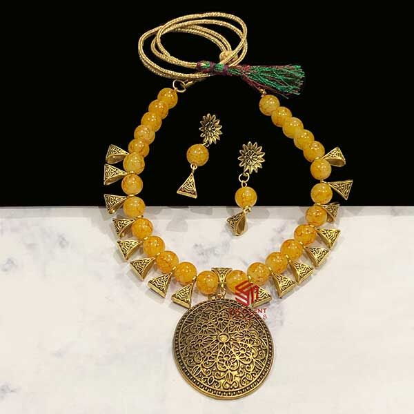 Oval Shape Sunset Yellow Color Antique Gold  Finish Textured Glass Bead Bail Necklace Set