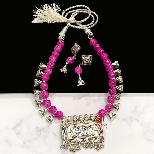 Rectangle Shape Purple Color Antique Silver Finish Textured Glass Bead Bail Necklace Set