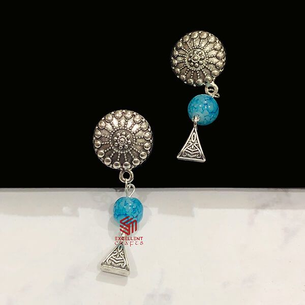 Round Shape Blue Color Antique Silver Finish Textured Glass Bead Bail Necklace Set