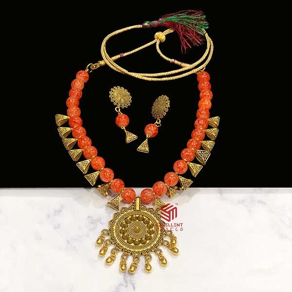 Round Shape Orange Color Antique Gold  Finish Textured Glass Bead Bail Necklace Set