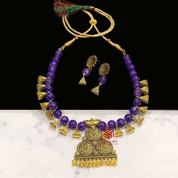 Triangle Shape Purple Color Antique Gold  Finish Textured Glass Bead Bail Necklace Set