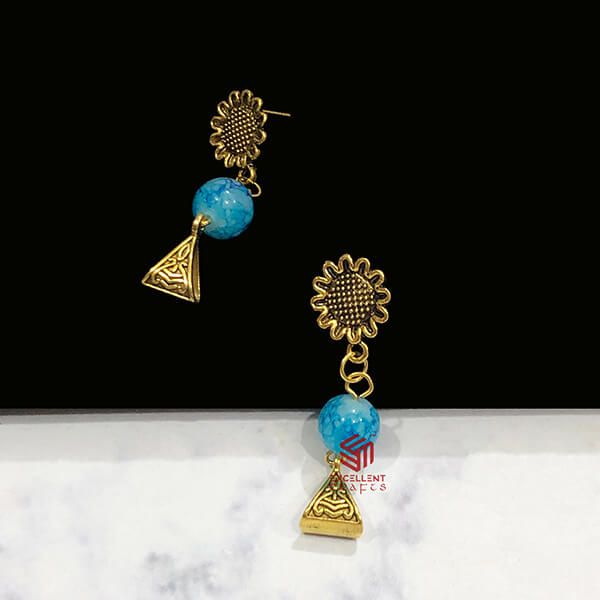 Round Shape Blue Color Antique Gold  Finish Textured Glass Bead Bail Necklace Set