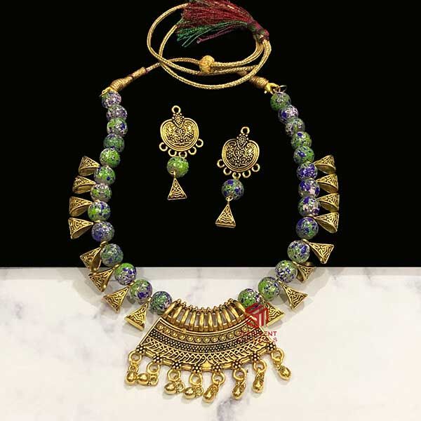 Trapezium Shape Multicolor Color Antique Gold  Finish Textured Glass Bead Bail Necklace Set