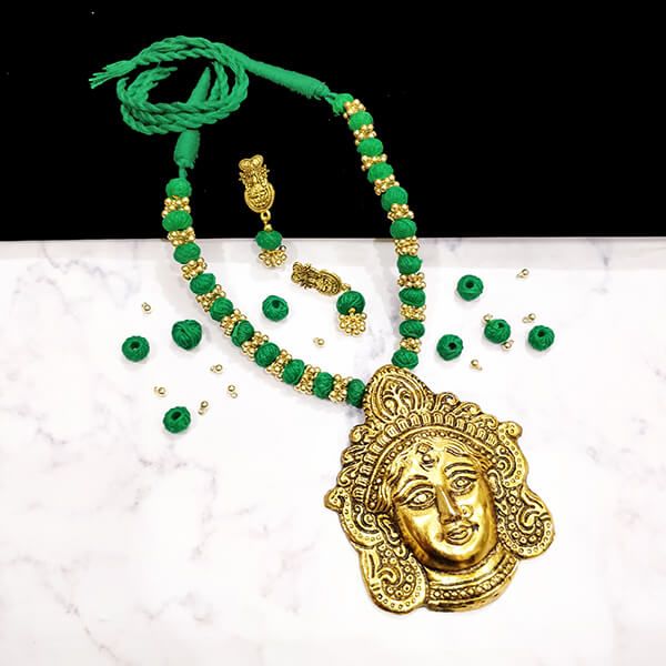 Forest Green Cotton Bead Gold Antique Finish Goddess Durga Pendant Ethnic Handmade Necklace Set Design1