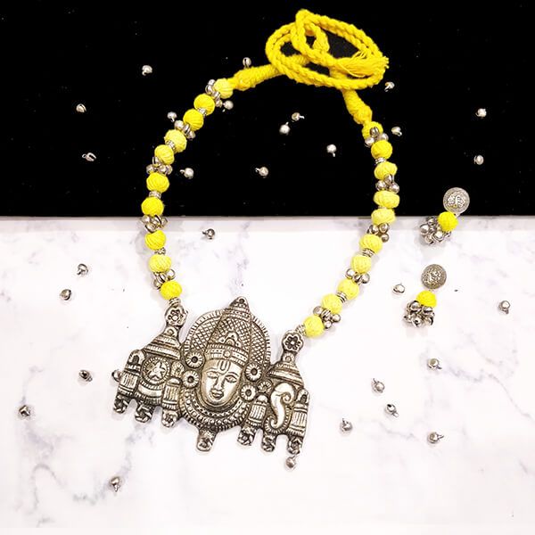 Lime Yellow Cotton Bead Silver Antique Finish Lord Balaji Pendant Ethnic Handmade Necklace Set Design 3