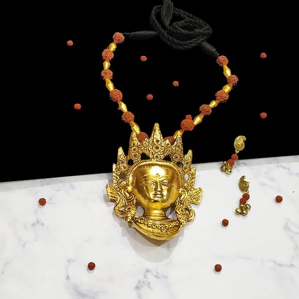 Black Cotton Bead Gold Antique Finish Goddess Durga Pendant Ethnic Handmade Necklace Set Design 3