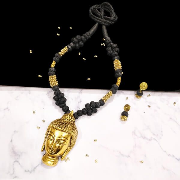 Black Cotton Bead Gold Antique Finish Lord Buddha Pendant Ethnic Handmade Necklace Set Design 2