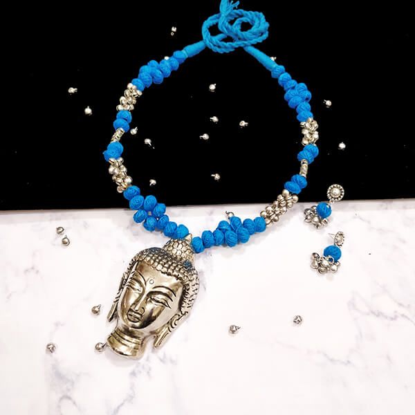 Agenta Blue Cotton Bead Silver Antique Finish Lord Buddha Pendant Ethnic Handmade Necklace Set Design 3
