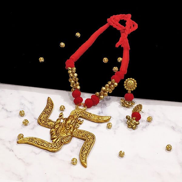 Red Cotton Bead Gold Antique Finish Lord Ganesha Pendant Ethnic Handmade Necklace Set Design 3