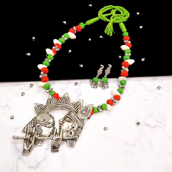 Lime Green and Orange Cotton Bead Silver Antique Finish Radha Krishna Pendant Ethnic Handmade Necklace Set Design 1