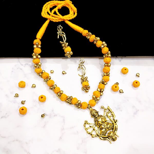 Sunset Yellow Cotton Bead Gold Antique Finish Goddess Durga Pendant Ethnic Handmade Necklace Set Design 2
