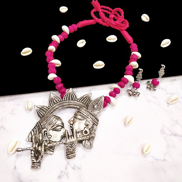 Magenta Pink Cotton Bead Silver Antique Finish Radha Krishna Pendant Ethnic Handmade Necklace Set Design 2