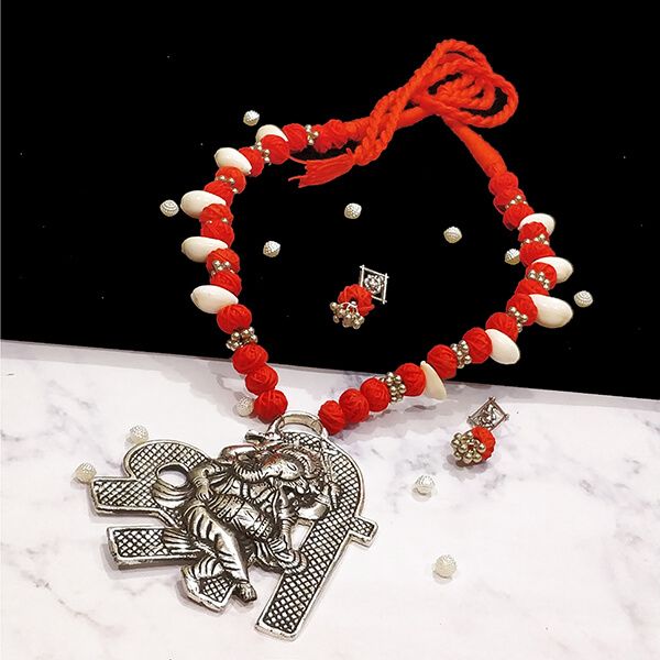 Red Cotton Bead Silver Antique Finish Lord Ganesha Pendant Ethnic Handmade Necklace Set Design 5