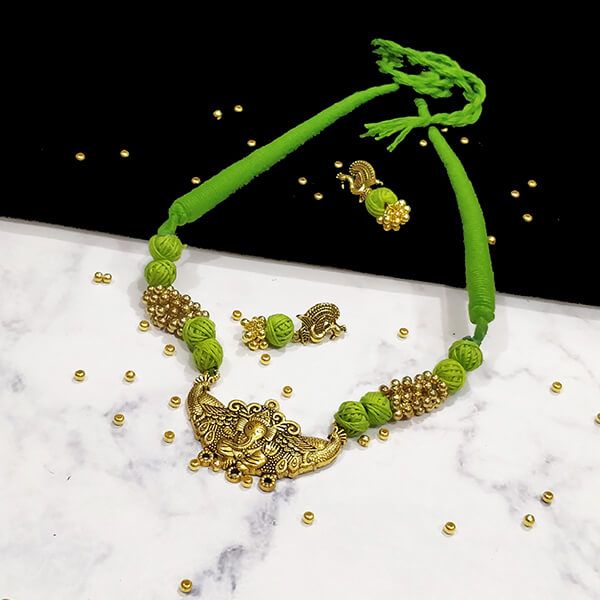 Lime Green Cotton Bead Gold Antique Finish Lord Ganesha Pendant Ethnic Handmade Necklace Set Design 7