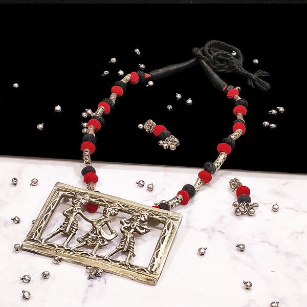 Red and Black Cotton Bead Silver Antique Finish Tribal People Pendant Ethnic Handmade Necklace Set Design 1