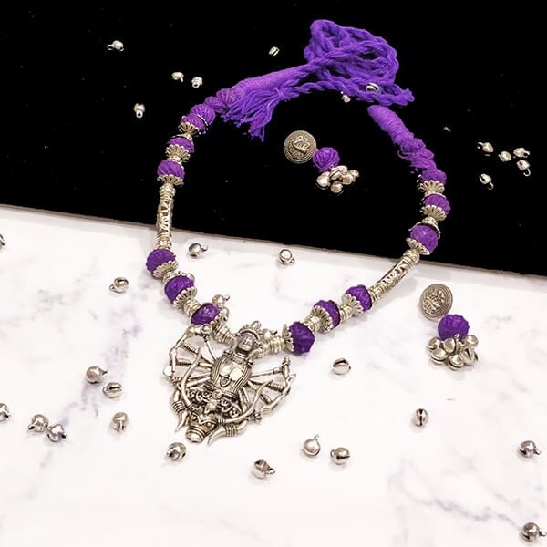 Purple Cotton Bead Silver Antique Finish Goddess Durga Pendant Ethnic Handmade Necklace Set Design 4