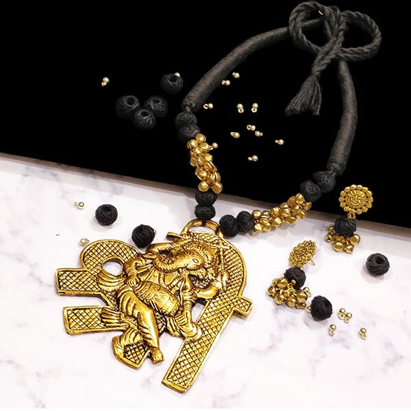 Black Cotton Bead Gold Antique Finish Lord Ganesha Pendant Ethnic Handmade Necklace Set Design 1