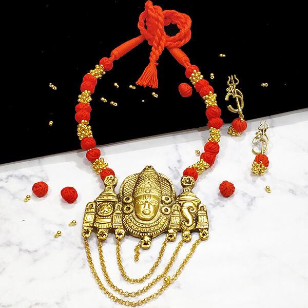 Orange Cotton Bead Gold Antique Finish Lord Balaji Pendant Ethnic Handmade Necklace Set Design 1