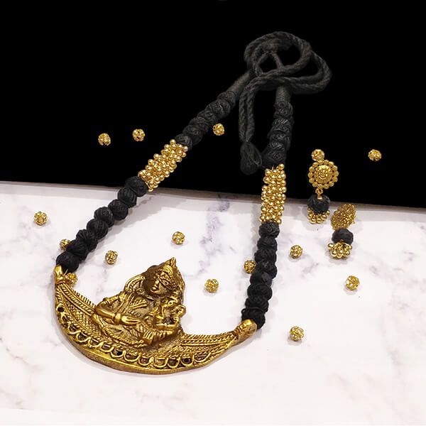 Black Cotton Bead Gold Antique Finish Goddess Parvathi and Lord Ganesha Pendant Ethnic Handmade Necklace Set Design 1