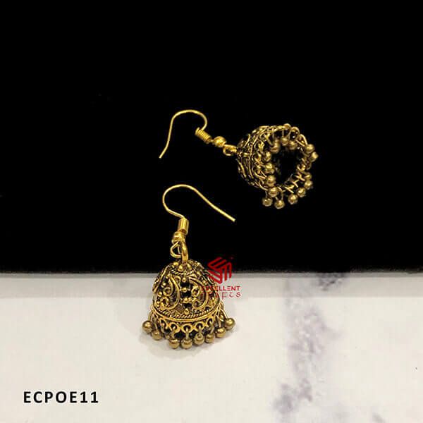 Gold Antique Finish Cone Shape Oxidised Jumka Earrings Leaf Embossed Design (Pack of 1 Pair)
