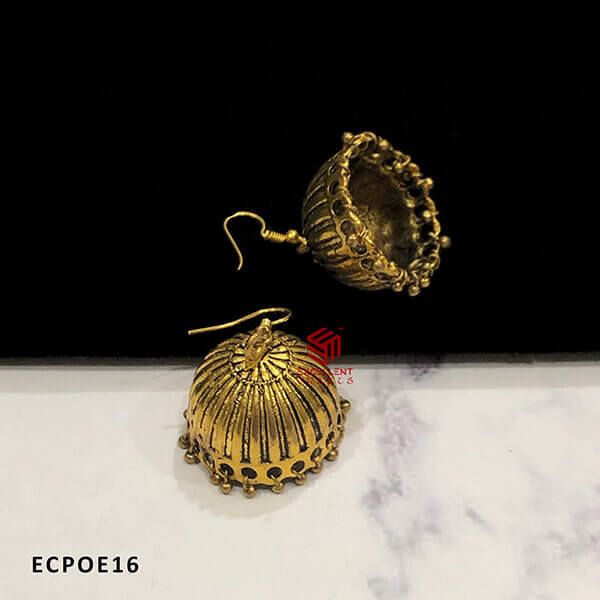 Strips Embossed Design Gold Antique Finish Dome Shape Oxidised Jumka Earrings (Pack of 1 Pair)