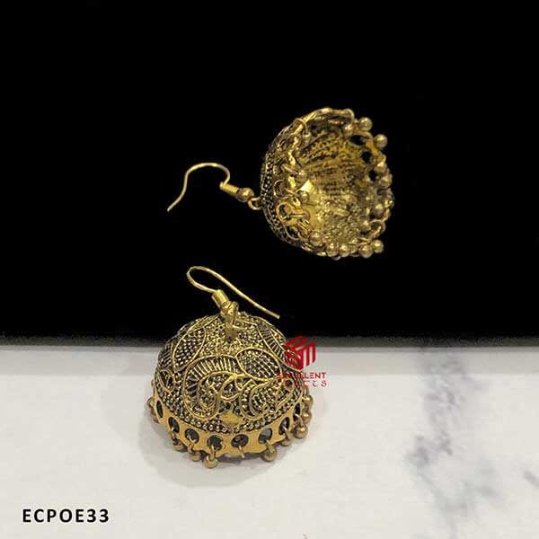 Dotted Leaf Embossed Design Dome Shape Gold Antique Finish Oxidised Jumka Earrings (Pack of 1 Pair)
