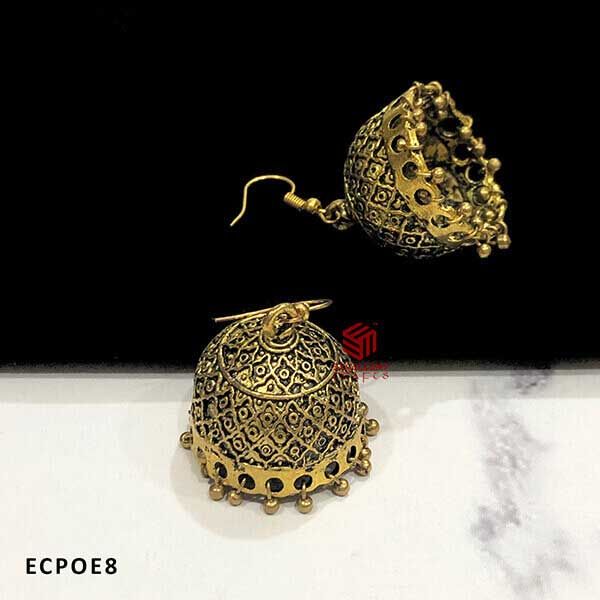 Dot and Square Emboss Design Dome Shape Gold Antique Finish Oxidised Jumka Earrings (Pack of 1 Pair)