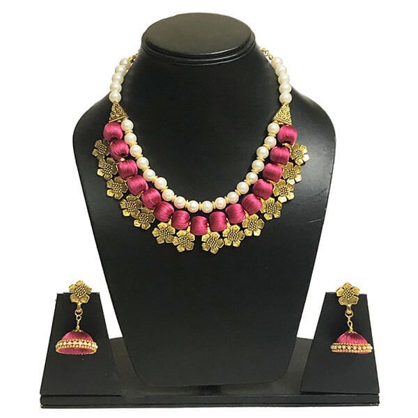 Pink Color Silk Thread Beads and Gold Flower Charms Necklace Earring Set 