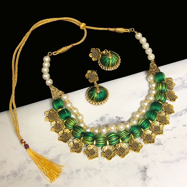 Yellow Green Color Silk Thread Beads and Gold Flower Charms Necklace Earring Set 