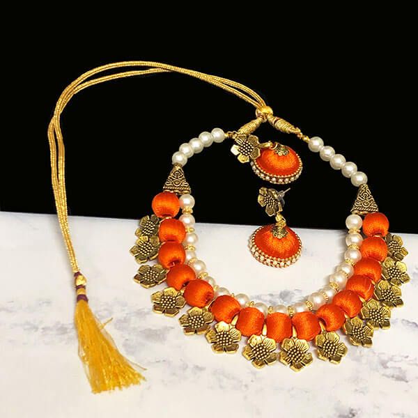 Orange Color Silk Thread Beads and Gold Flower Charms Necklace Earring Set 