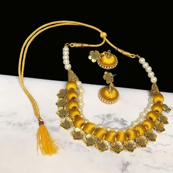 Gold  Color Silk Thread Beads and Gold Flower Charms Necklace Earring Set 
