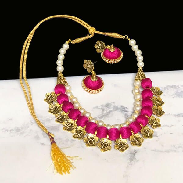 Rani Pink Color Silk Thread Beads and Gold Flower Charms Necklace Earring Set 