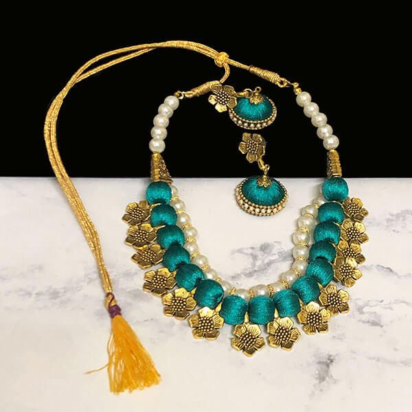 Peacock Blue Color Silk Thread Beads and Gold Flower Charms Necklace Earring Set 