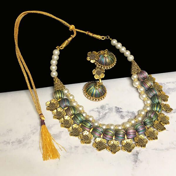 Multi  Color Silk Thread Beads and Gold Flower Charms Necklace Earring Set 