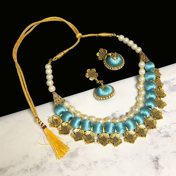 Baby Blue Color Silk Thread Beads and Gold Flower Charms Necklace Earring Set 