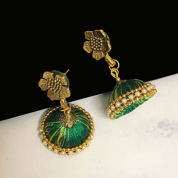 Yellow Green Color Silk Thread Jhumka Earring with Antique Gold Color Flower Stud