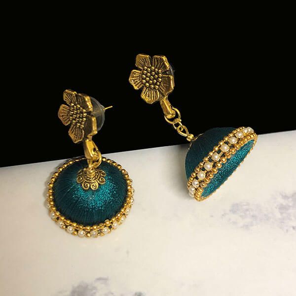 Peacock Green Color Silk Thread Jhumka Earring with Antique Gold Color Flower Stud