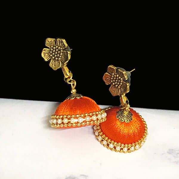 Orange Color Silk Thread Jhumka Earring with Antique Gold Color Flower Stud