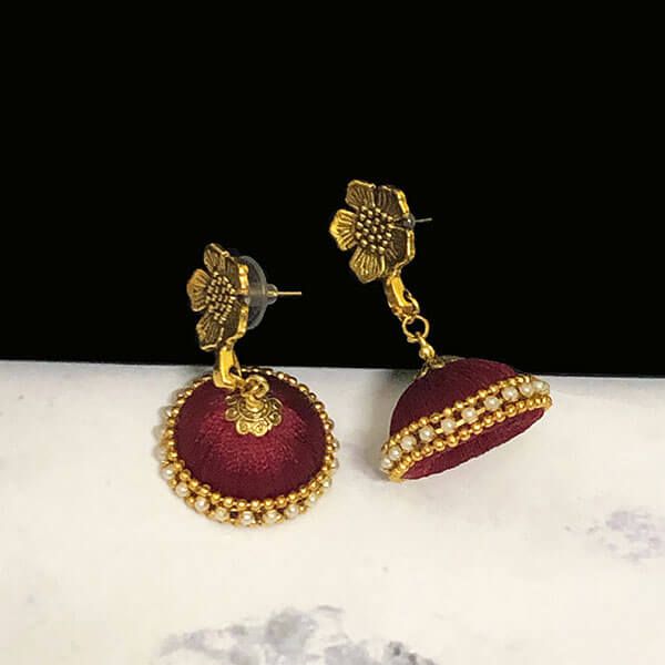 Maroon Color Silk Thread Jhumka Earring with Antique Gold Color Flower Stud