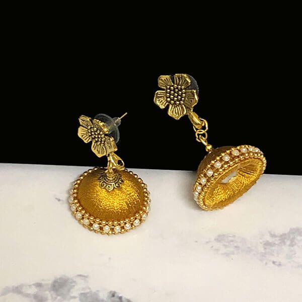 Gold Color Silk Thread Jhumka Earring with Antique Gold Color Flower Stud
