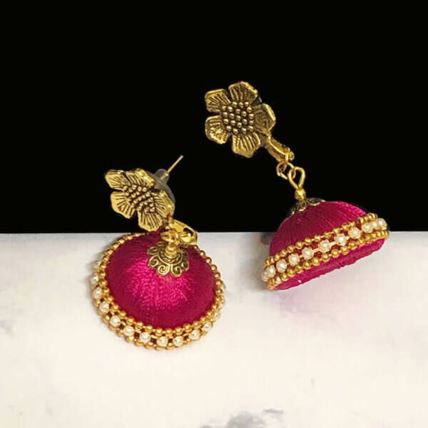Rani Pink Color Silk Thread Jhumka Earring with Antique Gold Color Flower Stud