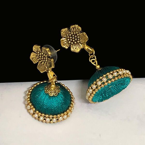 Peacock Green Color Silk Thread Jhumka Earring with Antique Gold Color  Flower Stud