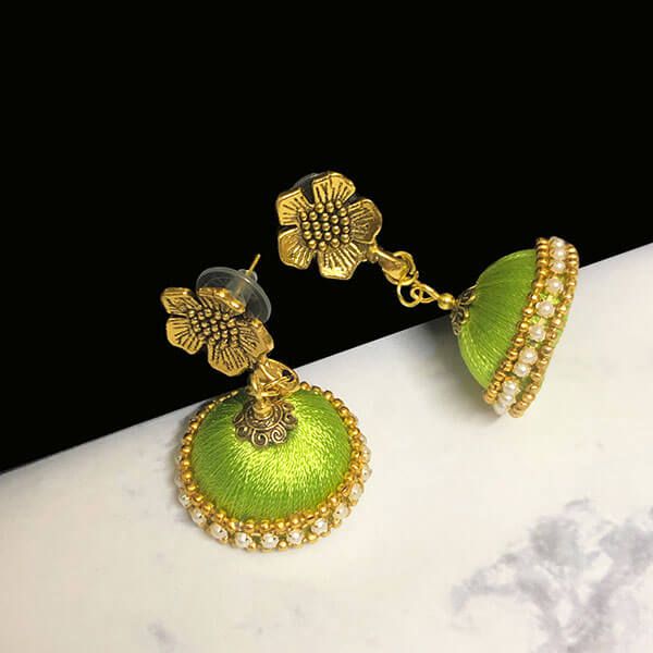 Lime Green Color Silk Thread Jhumka Earring with Antique Gold Color Flower Stud