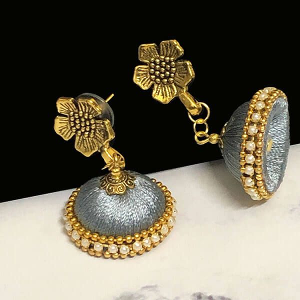 Light Grey Color Silk Thread Jhumka Earring with Antique Gold Color Flower Stud