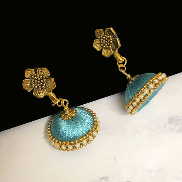 Baby Blue Color Silk Thread Jhumka Earring with Antique Gold Color Flower Stud